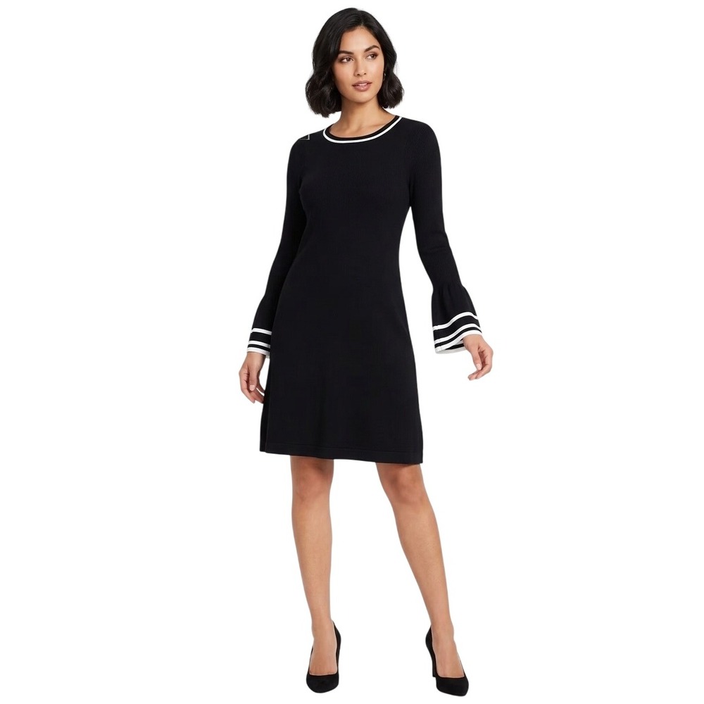 AGB Dress Black Knit Bell Sleeve Stripe Trim Preppy Workwear Mini Dress Size L